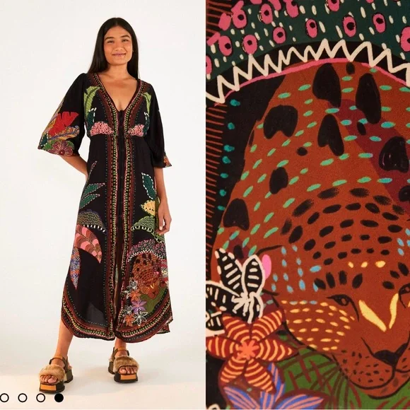 FARM RIO Black Cool Leopards Midi Dress - Picture 3 of 8